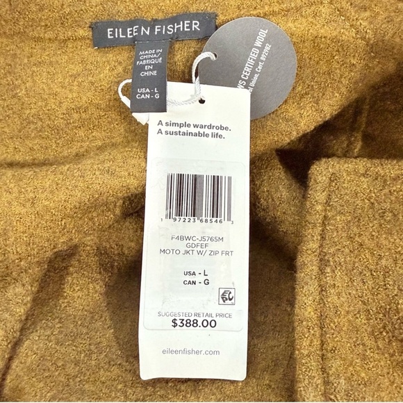 EILEEN FISHER Large Lightweight Boiled Wool Motorcycle Jacket GOLD LEAF NWT $388 - Picture 9 of 14